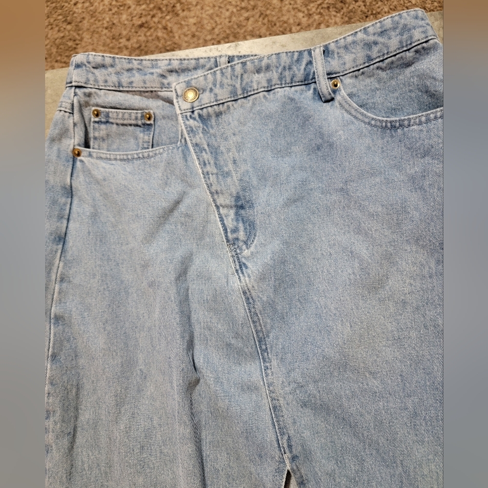 Dressed in LALA NWT Denim Maxi Skirt Light Wash Front Slit Asymmetric Waist - Picture 3 of 8
